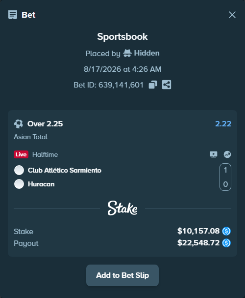 Bet slip: Club Atlético Sarmiento - Huracan, $10,157.08 stake at 2.22 odds, placed by Hidden