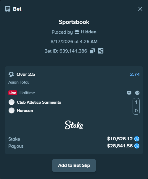 Bet slip: Club Atlético Sarmiento - Huracan, $10,526.12 stake at 2.74 odds, placed by Hidden