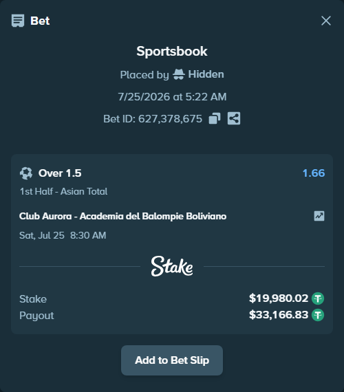 Bet slip: Club Aurora - Academia del Balompie Boliviano, $20,000.00 stake at 1.66 odds, placed by Hidden