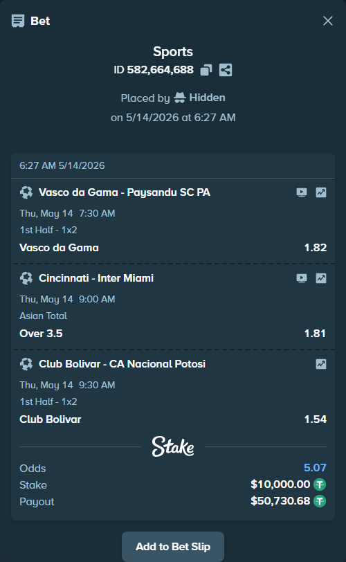 Bet slip: Club Bolivar - CA Nacional Potosi, $10,000.00 stake at 1.54 odds, placed by Hidden