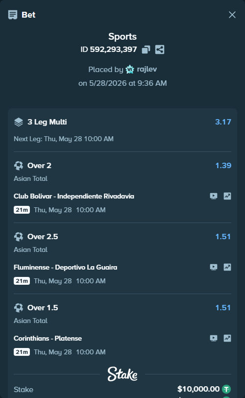 Bet slip: Club Bolivar - Independiente Rivadavia, $10,010.00 stake at 1.39 odds, placed by rajlev