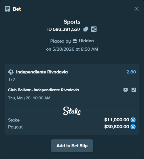 Bet slip: Club Bolivar - Independiente Rivadavia, $11,000.00 stake at 2.80 odds, placed by Hidden