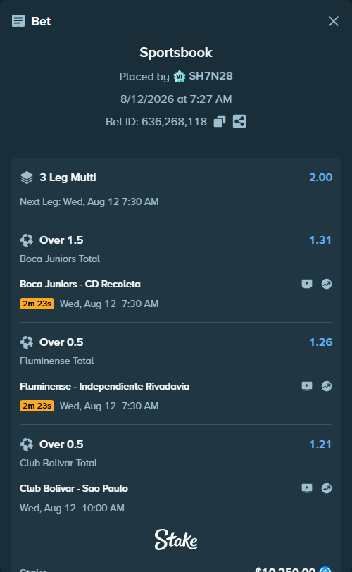 Bet slip: Club Bolivar - Sao Paulo, $10,250.00 stake at 1.21 odds, placed by SH7N28