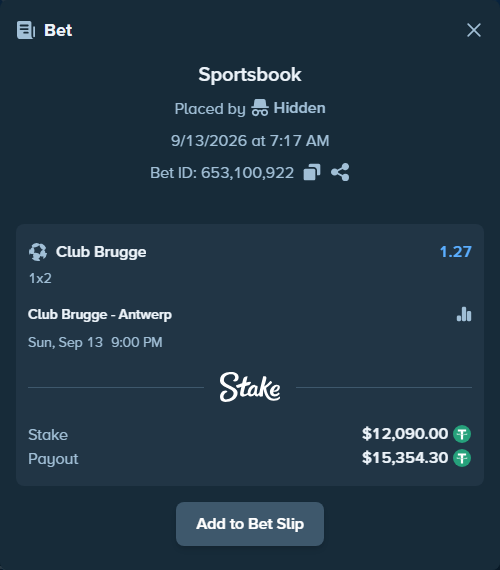 Bet slip: Club Brugge - Antwerp, $12,090.00 stake at 1.27 odds, placed by Hidden