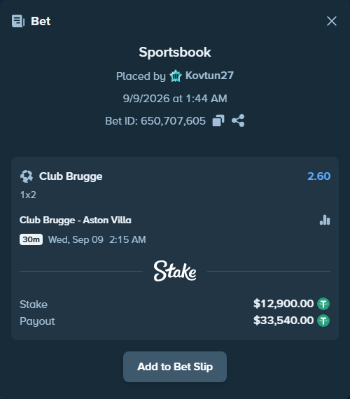 Bet slip: Club Brugge - Aston Villa, $12,900.00 stake at 2.60 odds, placed by Kovtun27