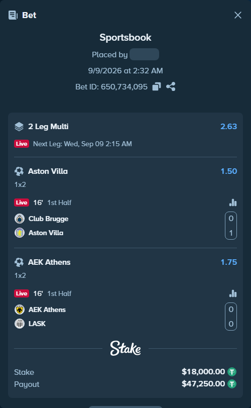 Bet slip: Club Brugge - Aston Villa, $18,000.00 stake at 1.50 odds, placed by KOHINUR7474
