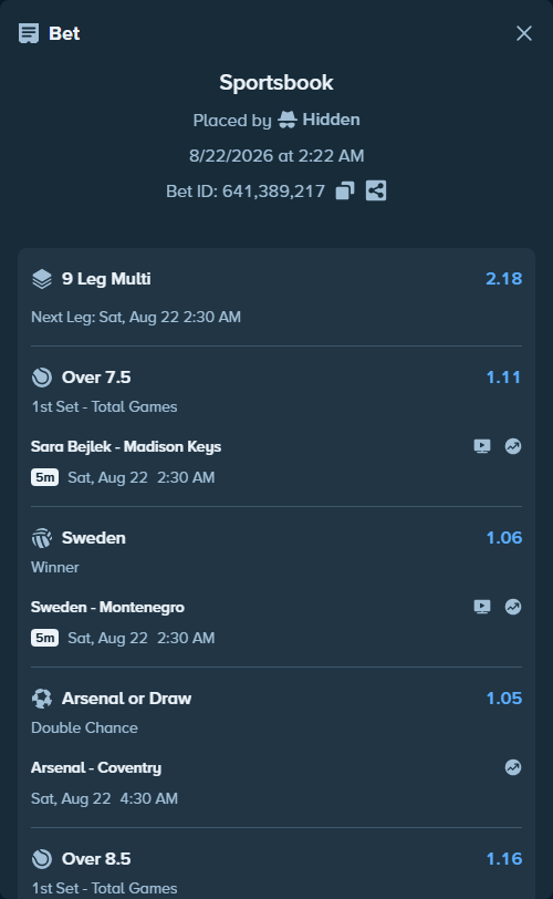 Bet slip: Club Brugge - Cercle Brugge, $125,000.00 stake at 1.09 odds, placed by Hidden