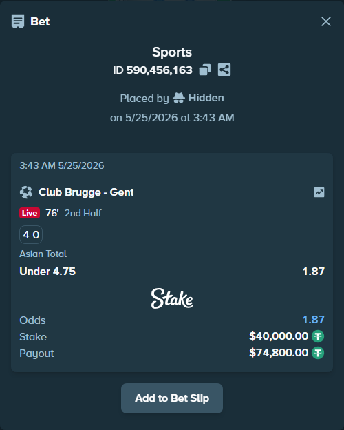 Bet slip: Club Brugge - Gent, $40,000.00 stake at 1.87 odds, placed by Hidden