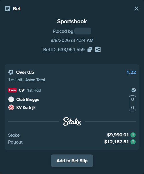 Bet slip: Club Brugge - KV Kortrijk, $10,000.00 stake at 1.22 odds, placed by Jackpoor