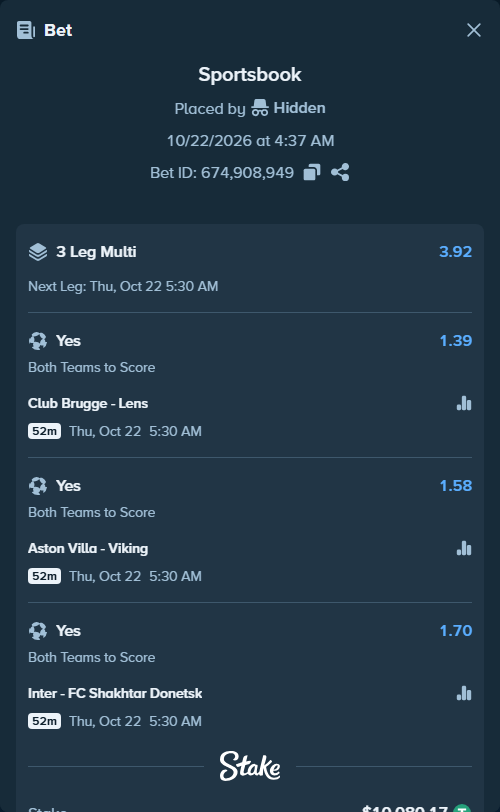 Bet slip: Club Brugge - Lens, $10,090.25 stake at 1.39 odds, placed by thesakultah