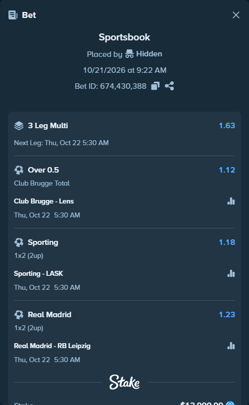 Bet slip: Club Brugge - Lens, $13,000.00 stake at 1.12 odds, placed by Algotinz
