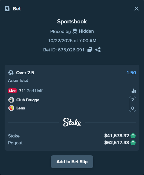 Bet slip: Club Brugge - Lens, $41,720.00 stake at 1.50 odds, placed by Hidden