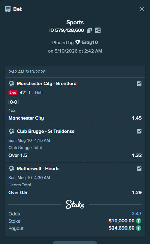 Bet slip: Club Brugge - St Truidense, $10,000.00 stake at 1.32 odds, placed by Eray10