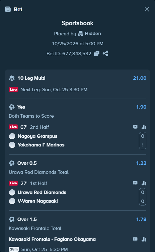 Bet slip: Club Brugge - St Truidense, $10,974.69 stake at 1.25 odds, placed by Hidden