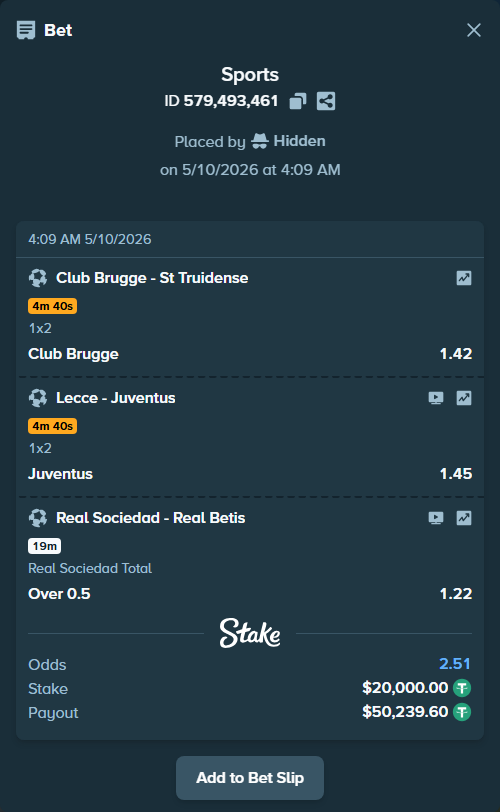 Bet slip: Club Brugge - St Truidense, $20,000.00 stake at 1.42 odds, placed by Hidden