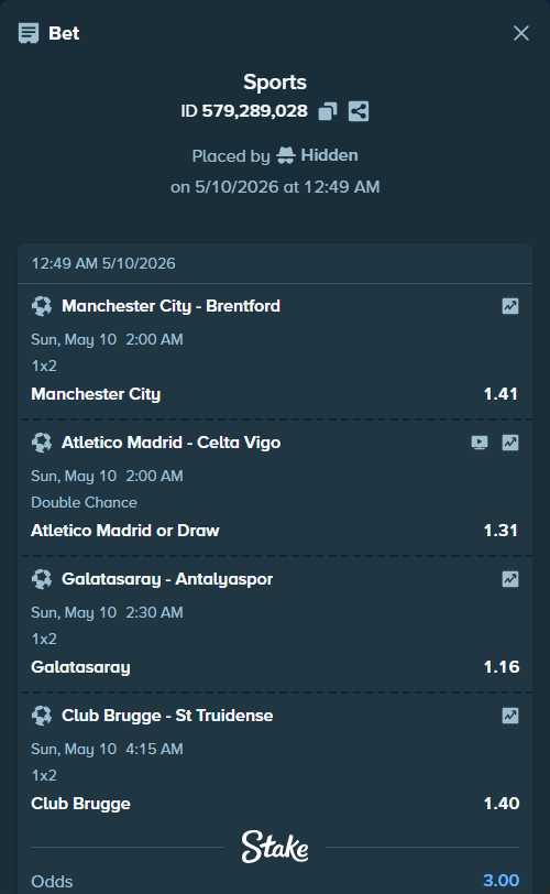 Bet slip: Club Brugge - St Truidense, $32,081.00 stake at 1.40 odds, placed by Hidden