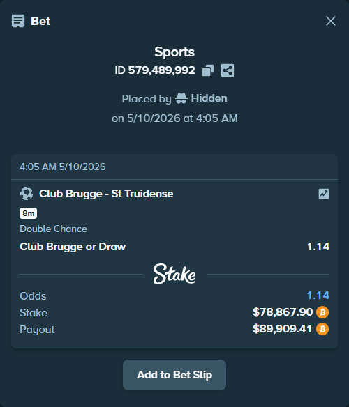 Bet slip: Club Brugge - St Truidense, $62,444.38 stake at 1.14 odds, placed by Hidden