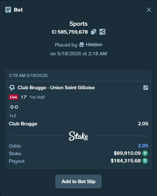 Bet slip: Club Brugge - Union Saint Gilloise, $90,000.00 stake at 2.05 odds, placed by Hidden