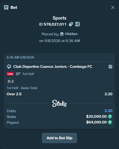 Bet slip: Club Deportivo Cuenca Juniors - Cumbaya FC, $20,000.00 stake at 3.20 odds, placed by Hidden