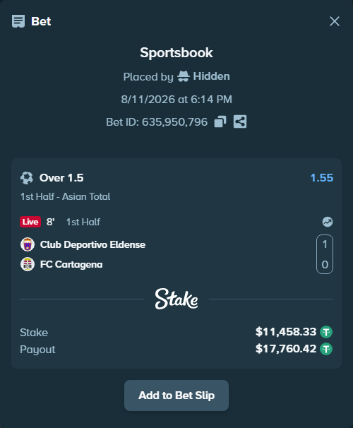 Bet slip: Club Deportivo Eldense - FC Cartagena, $11,469.79 stake at 1.55 odds, placed by Hidden