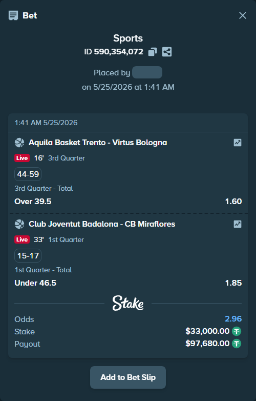 Bet slip: Club Joventut Badalona - CB San Pablo Burgos, $33,000.00 stake at 1.85 odds, placed by Kriski99