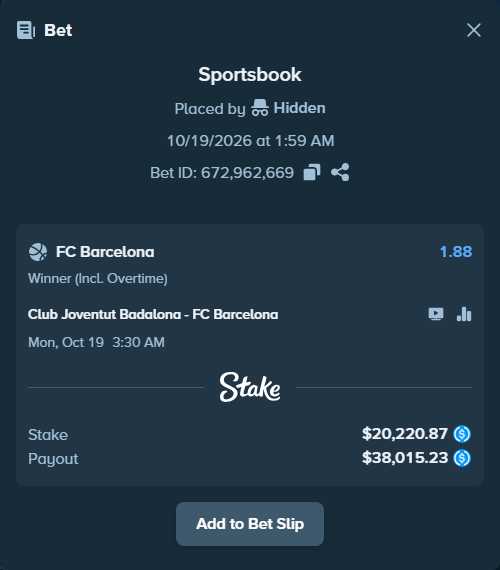 Bet slip: Club Joventut Badalona - FC Barcelona, $20,220.87 stake at 1.88 odds, placed by Hidden