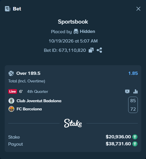 Bet slip: Club Joventut Badalona - FC Barcelona, $20,956.94 stake at 1.85 odds, placed by Kriski99