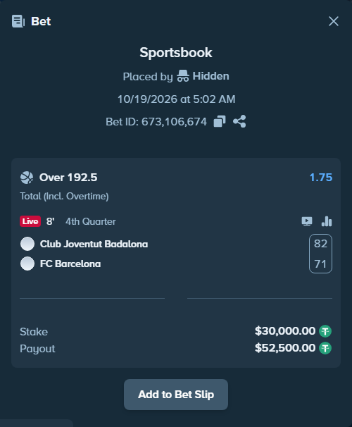 Bet slip: Club Joventut Badalona - FC Barcelona, $30,030.00 stake at 1.75 odds, placed by Kriski99