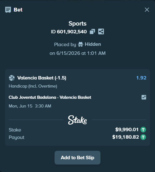 Bet slip: Club Joventut Badalona - Valencia Basket, $10,000.00 stake at 1.92 odds, placed by Hidden