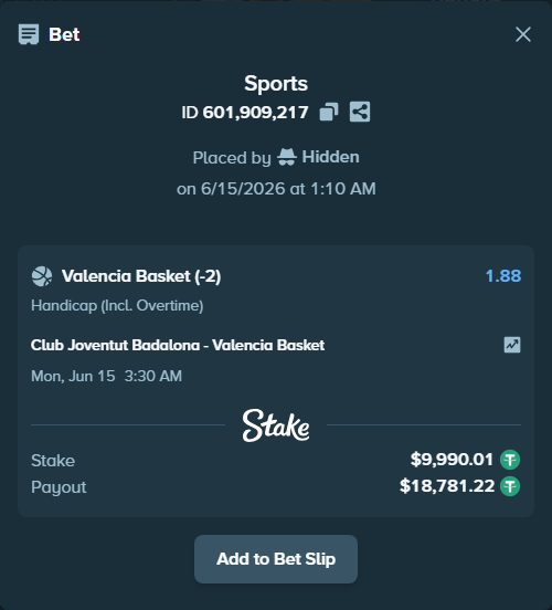 Bet slip: Club Joventut Badalona - Valencia Basket, $10,000.00 stake at 1.88 odds, placed by Hidden