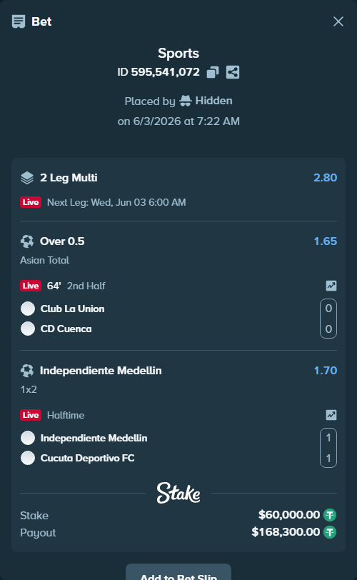 Bet slip: Club La Union - CD Cuenca, $60,060.00 stake at 1.65 odds, placed by Hidden