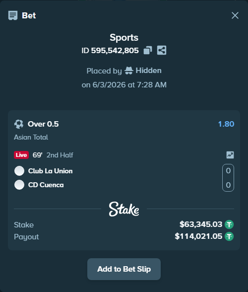 Bet slip: Club La Union - CD Cuenca, $63,408.37 stake at 1.80 odds, placed by Hidden