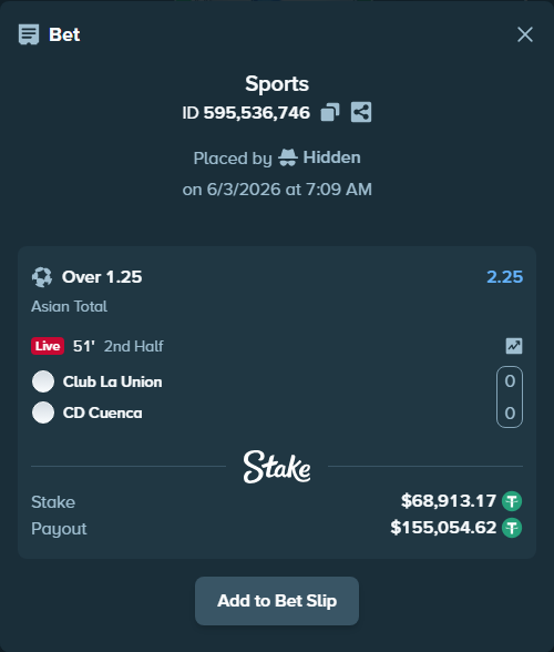 Bet slip: Club La Union - CD Cuenca, $68,982.08 stake at 2.25 odds, placed by Hidden