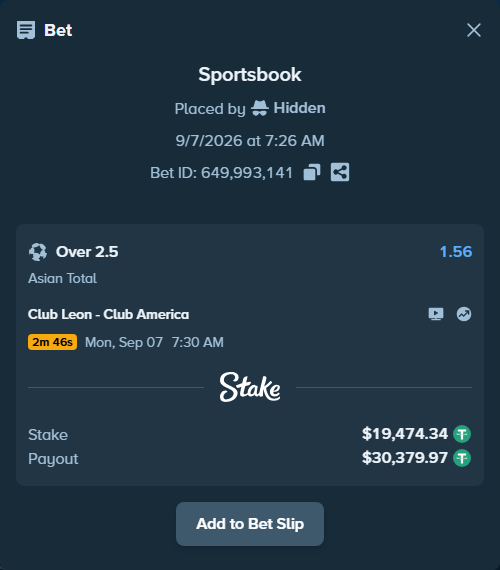 Bet slip: Club Leon - Club America, $19,472.39 stake at 1.56 odds, placed by Hidden