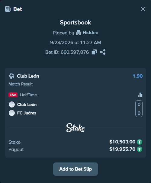 Bet slip: Club Leon - Juarez, $10,503.00 stake at 1.90 odds, placed by Hidden