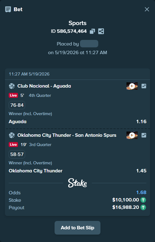 Bet slip: Club Nacional - Aguada, $10,110.10 stake at 1.16 odds, placed by AsTraL11