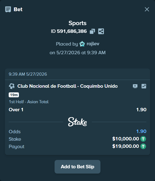 Bet slip: Club Nacional de Football - Coquimbo Unido, $10,010.00 stake at 1.90 odds, placed by rajlev