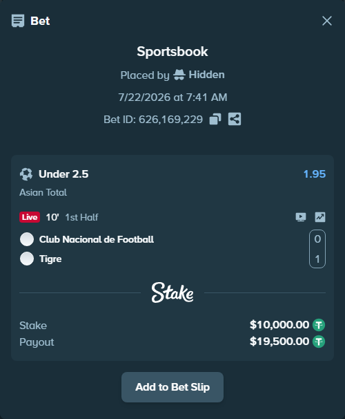 Bet slip: Club Nacional de Football - Tigre, $10,010.00 stake at 1.95 odds, placed by Hidden