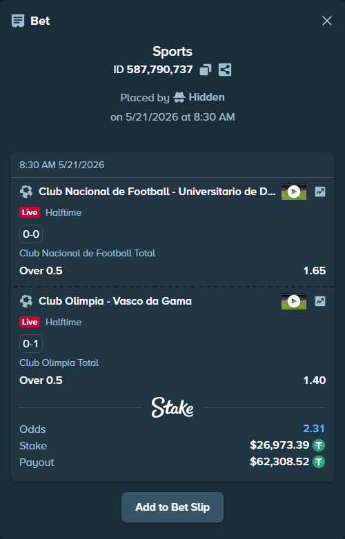 Bet slip: Club Nacional de Football - Universitario de Deportes, $27,000.36 stake at 1.65 odds, placed by Hidden