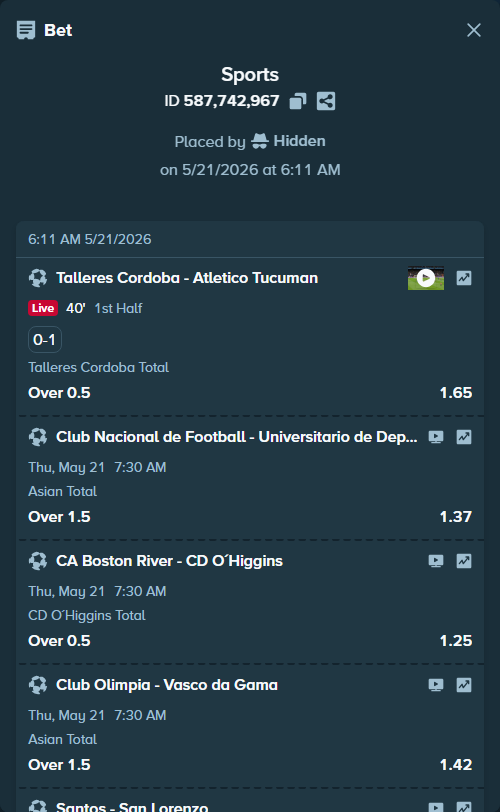 Bet slip: Club Nacional de Football - Universitario de Deportes, $30,000.00 stake at 1.37 odds, placed by Hidden