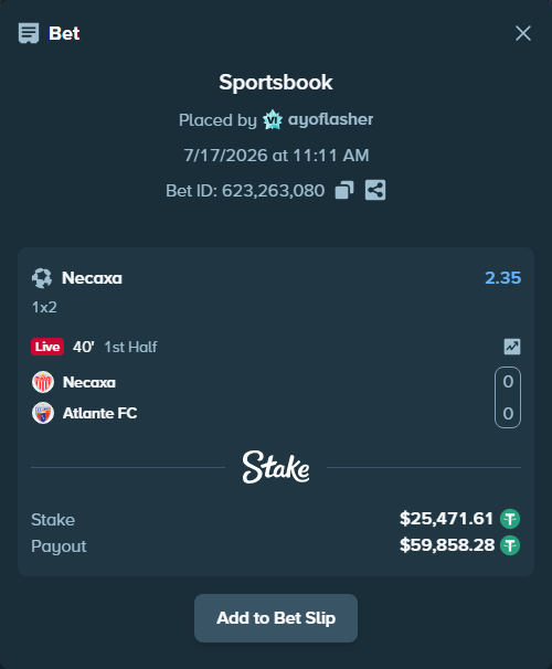 Bet slip: Club Necaxa - Atlante FC, $25,497.08 stake at 2.35 odds, placed by ayoflasher
