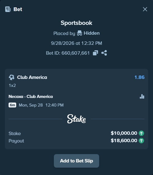 Bet slip: Club Necaxa - Club America, $10,000.00 stake at 1.86 odds, placed by Hidden