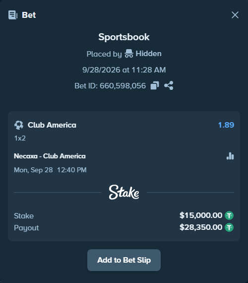 Bet slip: Club Necaxa - Club America, $15,000.00 stake at 1.89 odds, placed by Hidden