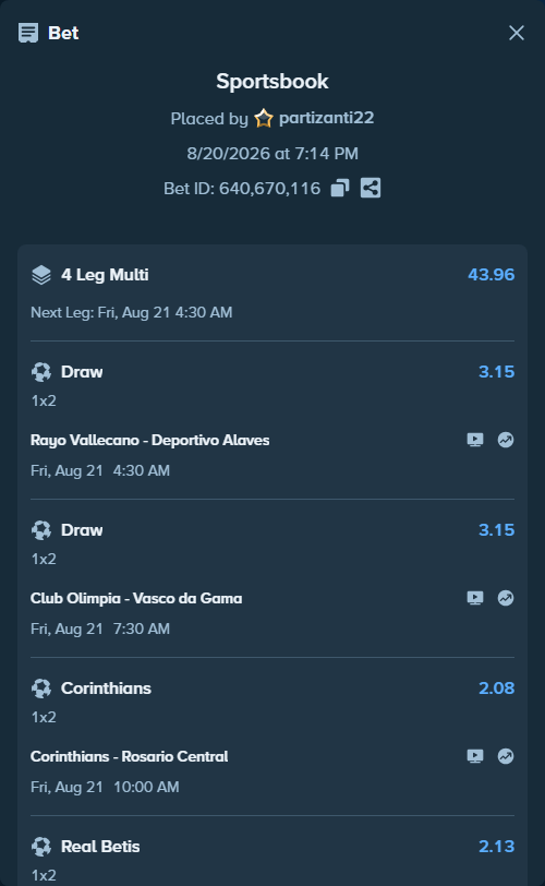 Bet slip: Club Olimpia - Vasco da Gama, $11,398.83 stake at 3.15 odds, placed by partizanti22