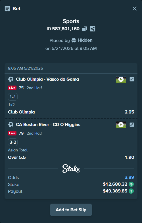 Bet slip: Club Olimpia - Vasco da Gama, $12,693.00 stake at 2.05 odds, placed by Hidden