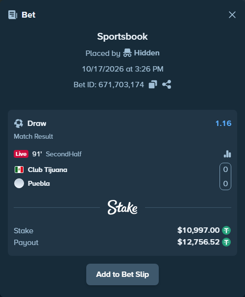 Bet slip: Club Tijuana - Puebla, $11,008.00 stake at 1.16 odds, placed by Hidden