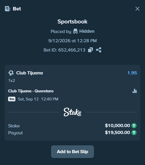Bet slip: Club Tijuana - Queretaro, $10,000.00 stake at 1.95 odds, placed by Hidden