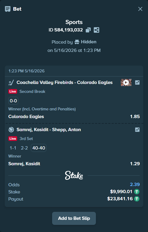 Bet slip: Coachella Valley Firebirds - Colorado Eagles, $10,000.00 stake at 1.85 odds, placed by Hidden