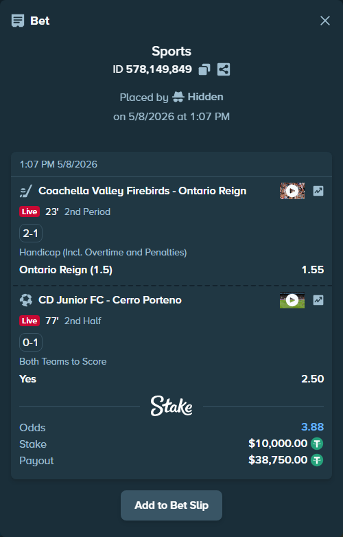 Bet slip: Coachella Valley Firebirds - Ontario Reign, $10,000.00 stake at 1.55 odds, placed by Hidden