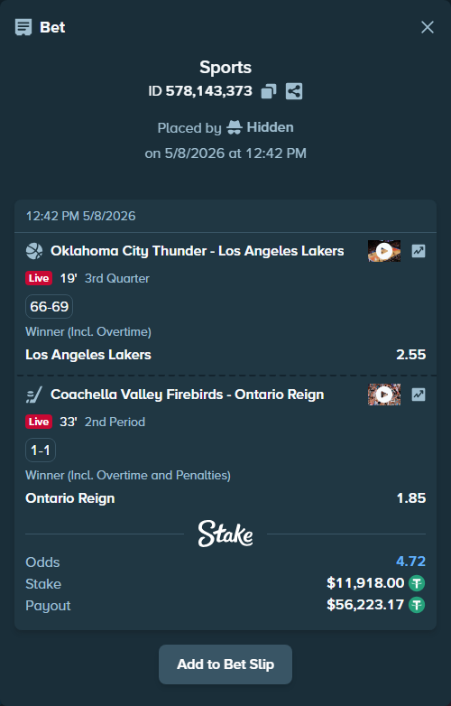 Bet slip: Coachella Valley Firebirds - Ontario Reign, $11,918.00 stake at 1.85 odds, placed by Hidden